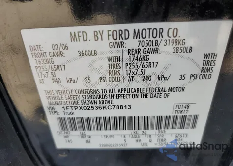 2006 Ford F150 из США, поврежденный, VIN 1FTPX02536KC78813